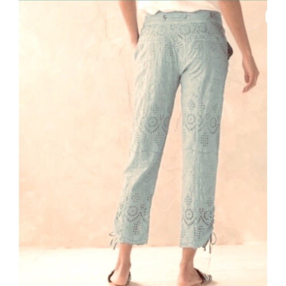 Sundance Everyday Eyelet Pants sz 6 Green Floral Cotton Drawstring Waist Boho - Picture 2 of 6